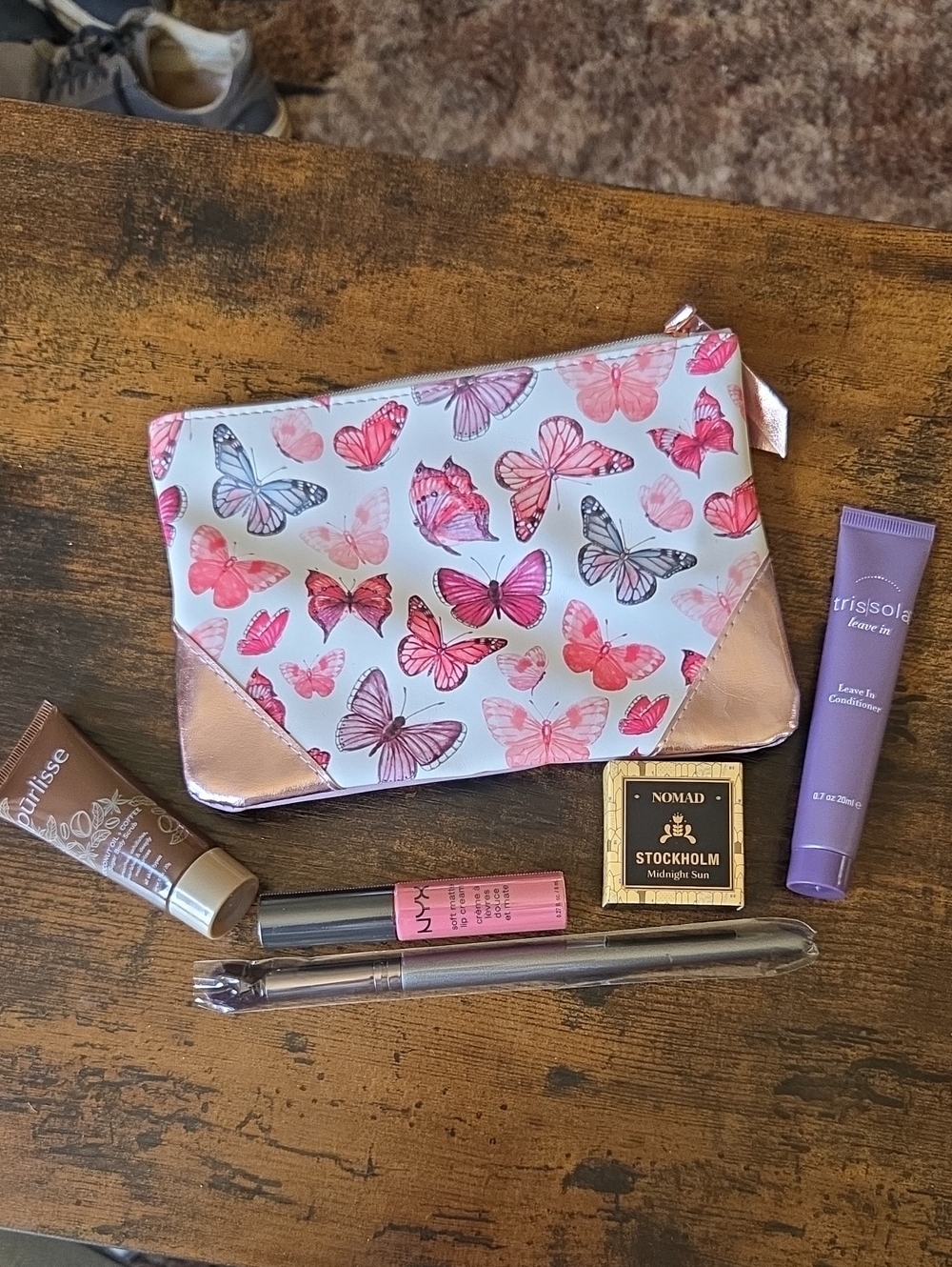 ipsy Pink Butterfly Cosmetic Pouch with Rose Gold Accents